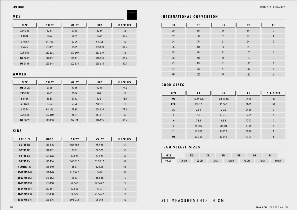 Size Chart Adidas Team wear