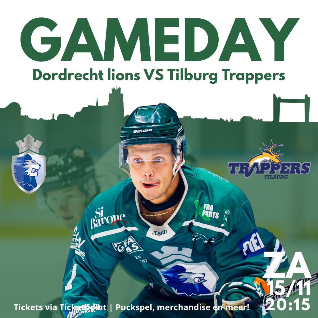 Levi Galjaard in Dordrecht Lions-tenue op het ijs tijdens de warming-up.