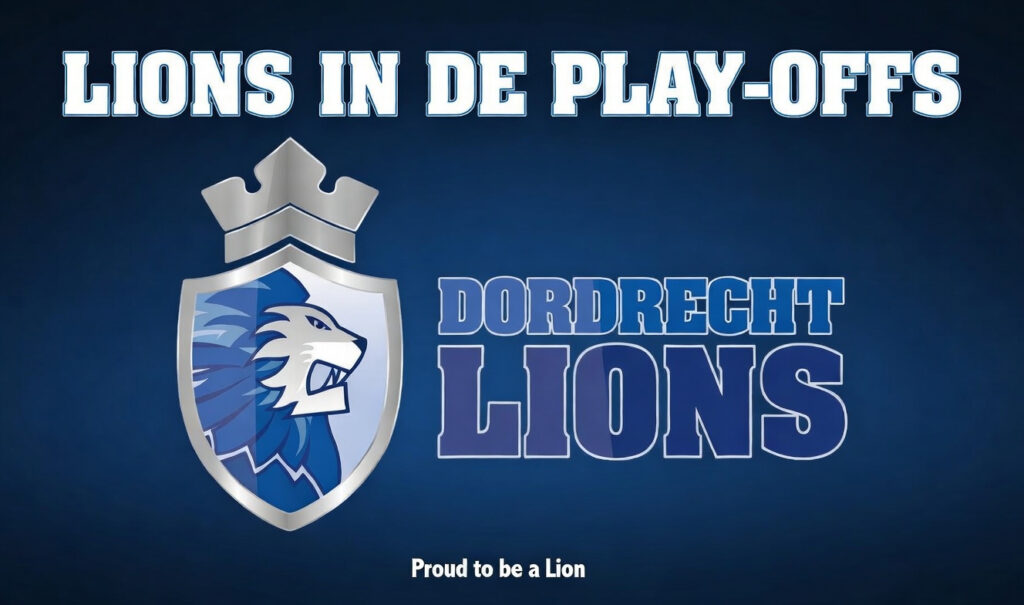 Dordrecht Lions play-offs afbeelding met clublogo en de tekst “Lions in de Play-offs”.