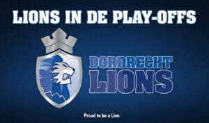 Dordrecht Lions play-offs afbeelding met clublogo en de tekst “Lions in de Play-offs”.