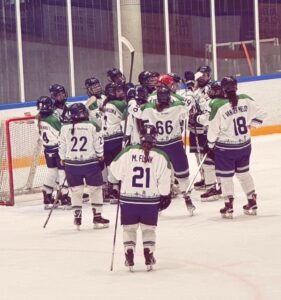 Dordrecht Lady Lions vieren doelpunt tijdens halve finale tegen Amsterdam Tigers in de Sportboulevard