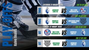 Poster van Dordrecht Lions play-offs halve finales met wedstrijden van U15, U17, U23 en Lady Lions op 21 en 22 maart 2026