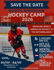 Poster van het North American Hockey Camp 2026 in Dordrecht, georganiseerd door Dordrecht Lions-hoofdtrainer Paul Vincent.