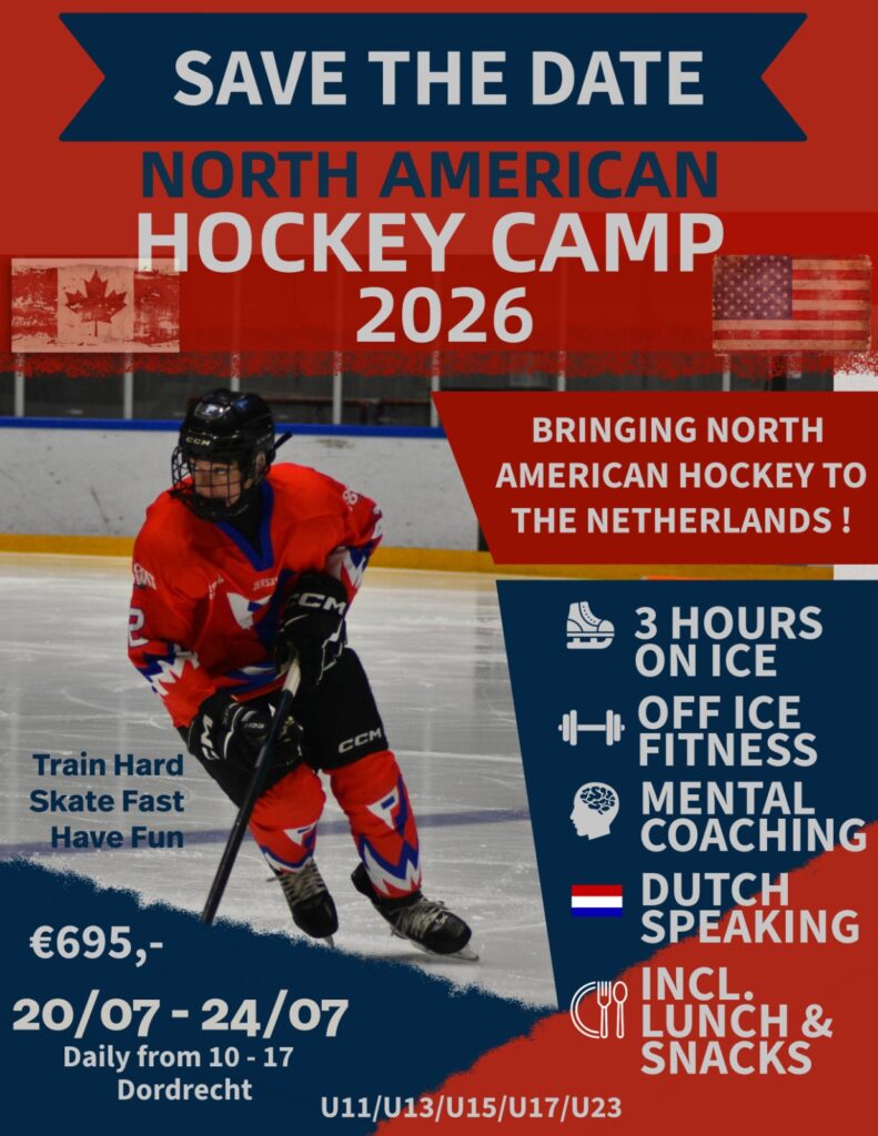 Poster van het North American Hockey Camp 2026 in Dordrecht, georganiseerd door Dordrecht Lions-hoofdtrainer Paul Vincent.