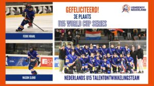 Collage van Nederlands U15-team met Dordrecht Lions-spelers Fedde Kraal en Mason Slond bij derde plaats World Cup Series