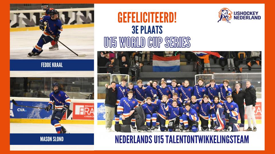 Collage van Nederlands U15-team met Dordrecht Lions-spelers Fedde Kraal en Mason Slond bij derde plaats World Cup Series
