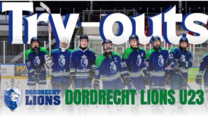 Poster van de Dordrecht Lions U23 Try-Outs op 30 mei 2026 met ijshockeyspelers op het ijs en informatie over coaches, tijd en locatie.