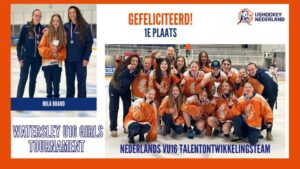 Speelsters van het Nederlands VU16 Talentontwikkelingsteam vieren de winst van het Watersley U16 Girls Tournament, met links Mila Brand met medaille en beker.