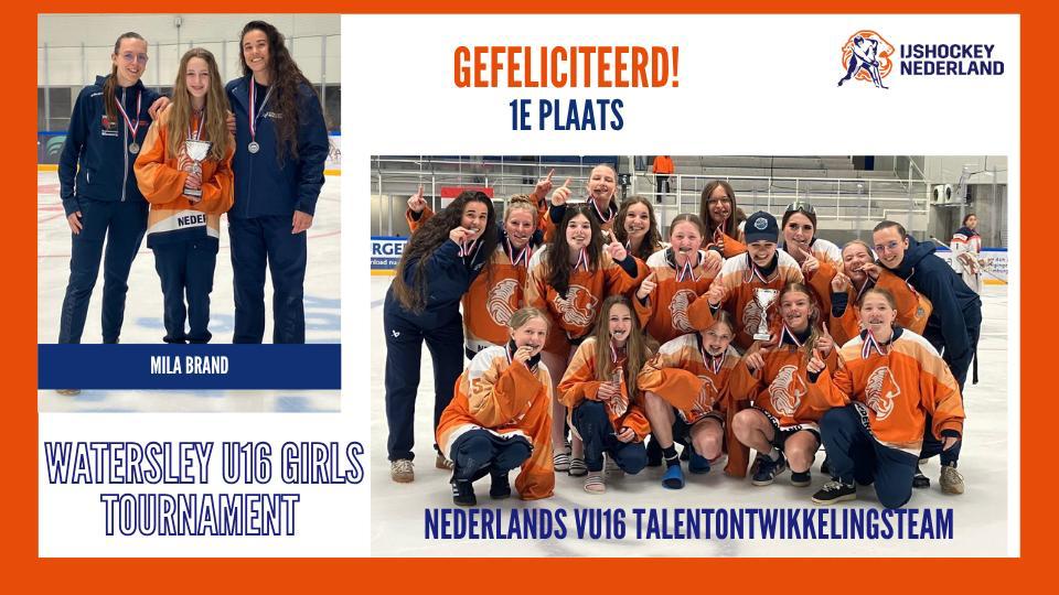 Speelsters van het Nederlands VU16 Talentontwikkelingsteam vieren de winst van het Watersley U16 Girls Tournament, met links Mila Brand met medaille en beker.